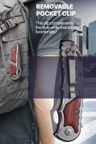 Pocket Knife - 5Cr15MoV Sharp Blade - Spring Assisted Knife with Wood Handle - Tactical Folding Knives - Best for EDC Camping Survival - Birthday Gifts for Dad Men - Fathers Day Dad Gift Idea 97010