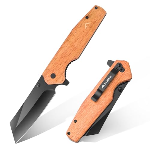 FLISSA Folding Knife, 4-3/4" Reverse Tanto Folding Pocket Knife, Black Stonewash Blade, Wood Handle, for Hunting, Survival, Camping and Outdoor Activities, Great Gifts for Dad
