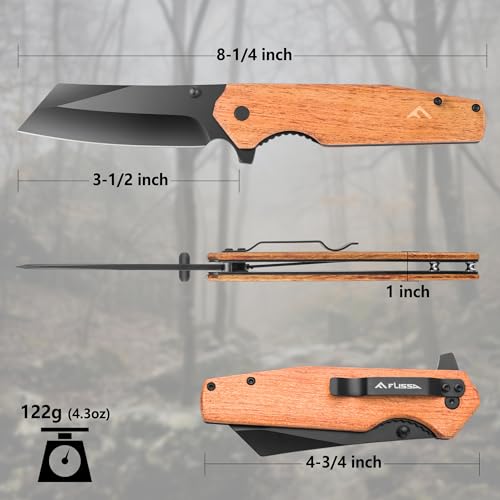 FLISSA Folding Knife, 4-3/4" Reverse Tanto Folding Pocket Knife, Black Stonewash Blade, Wood Handle, for Hunting, Survival, Camping and Outdoor Activities, Great Gifts for Dad