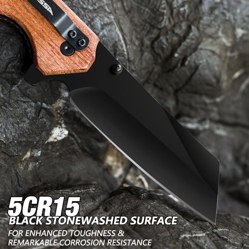FLISSA Folding Knife, 4-3/4" Reverse Tanto Folding Pocket Knife, Black Stonewash Blade, Wood Handle, for Hunting, Survival, Camping and Outdoor Activities, Great Gifts for Dad