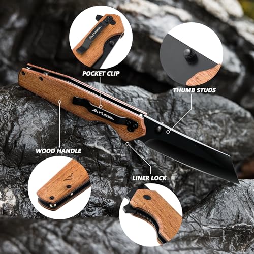 FLISSA Folding Knife, 4-3/4" Reverse Tanto Folding Pocket Knife, Black Stonewash Blade, Wood Handle, for Hunting, Survival, Camping and Outdoor Activities, Great Gifts for Dad
