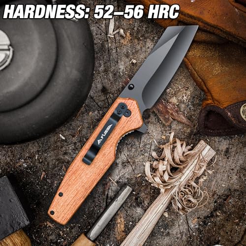 FLISSA Folding Knife, 4-3/4" Reverse Tanto Folding Pocket Knife, Black Stonewash Blade, Wood Handle, for Hunting, Survival, Camping and Outdoor Activities, Great Gifts for Dad