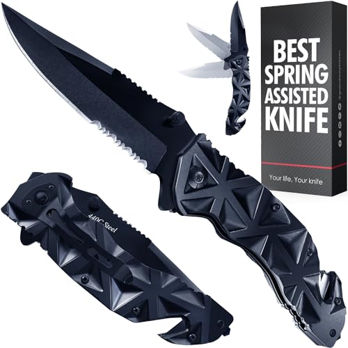 GOOD WORKER Black Pocket Knife - Serrated Sharp 3.5" Blade - Spring Assisted Tactical Knife Set with Wire Cutter Glass Breaker - Cool Folding Knives for Camping - Gifts for Men HB 207