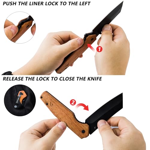 FLISSA Folding Knife, 4-3/4" Reverse Tanto Folding Pocket Knife, Black Stonewash Blade, Wood Handle, for Hunting, Survival, Camping and Outdoor Activities, Great Gifts for Dad