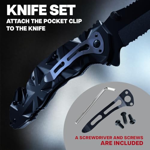 GOOD WORKER Black Pocket Knife - Serrated Sharp 3.5" Blade - Spring Assisted Tactical Knife Set with Wire Cutter Glass Breaker - Cool Folding Knives for Camping - Gifts for Men HB 207