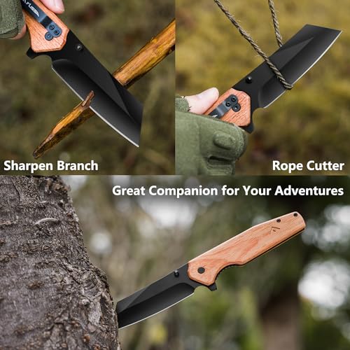 FLISSA Folding Knife, 4-3/4" Reverse Tanto Folding Pocket Knife, Black Stonewash Blade, Wood Handle, for Hunting, Survival, Camping and Outdoor Activities, Great Gifts for Dad