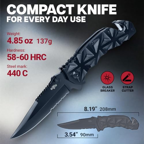 GOOD WORKER Black Pocket Knife - Serrated Sharp 3.5" Blade - Spring Assisted Tactical Knife Set with Wire Cutter Glass Breaker - Cool Folding Knives for Camping - Gifts for Men HB 207