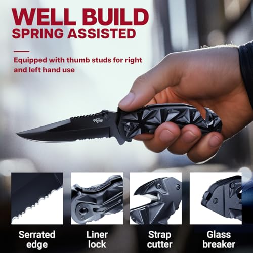 GOOD WORKER Black Pocket Knife - Serrated Sharp 3.5" Blade - Spring Assisted Tactical Knife Set with Wire Cutter Glass Breaker - Cool Folding Knives for Camping - Gifts for Men HB 207