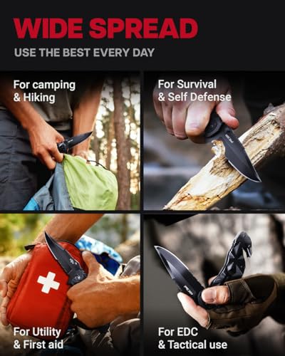 GOOD WORKER Black Pocket Knife - Serrated Sharp 3.5" Blade - Spring Assisted Tactical Knife Set with Wire Cutter Glass Breaker - Cool Folding Knives for Camping - Gifts for Men HB 207