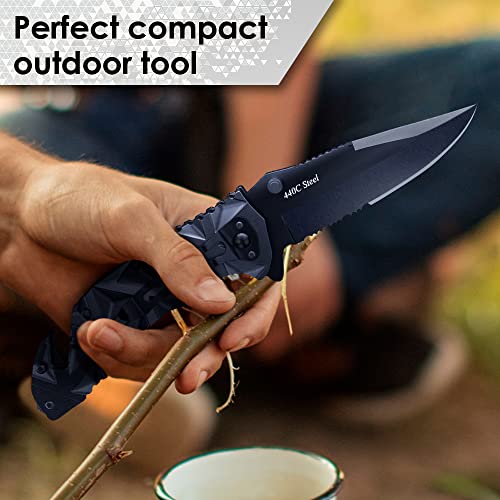GOOD WORKER Black Pocket Knife - Serrated Sharp 3.5" Blade - Spring Assisted Tactical Knife Set with Wire Cutter Glass Breaker - Cool Folding Knives for Camping - Gifts for Men HB 207