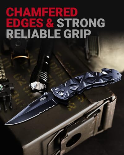 GOOD WORKER Black Pocket Knife - Serrated Sharp 3.5" Blade - Spring Assisted Tactical Knife Set with Wire Cutter Glass Breaker - Cool Folding Knives for Camping - Gifts for Men HB 207
