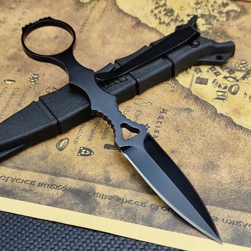 Socp Dagger Edc Tactical Fixed Blade Knife Spear Point, Coated Finish Black Handle With Sheath And Clip