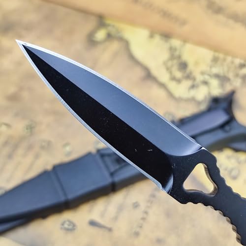 Socp Dagger Edc Tactical Fixed Blade Knife Spear Point, Coated Finish Black Handle With Sheath And Clip