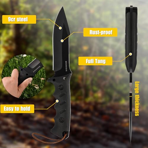 Brarvagur Fixed Blade Knife Full Tang with Kydex Sheath - Heavy Duty Outdoor Tactical Hunting Bushcraft Knives for Camping Adjustable Belt Clip (Heavygrip 4F)