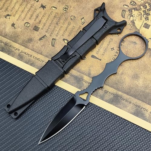 Socp Dagger Edc Tactical Fixed Blade Knife Spear Point, Coated Finish Black Handle With Sheath And Clip
