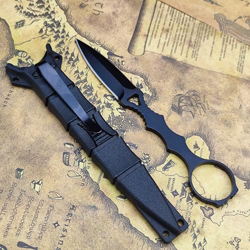 Socp Dagger Edc Tactical Fixed Blade Knife Spear Point, Coated Finish Black Handle With Sheath And Clip