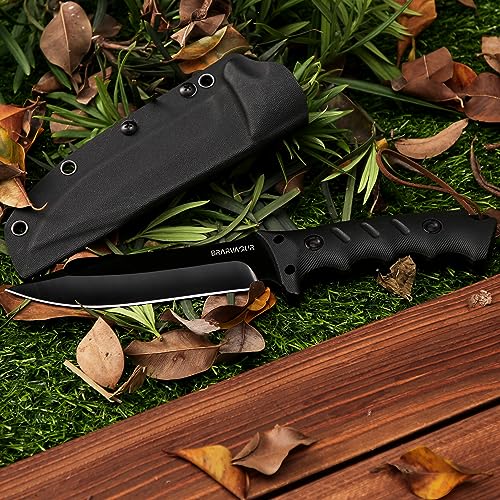 Brarvagur Fixed Blade Knife Full Tang with Kydex Sheath - Heavy Duty Outdoor Tactical Hunting Bushcraft Knives for Camping Adjustable Belt Clip (Heavygrip 4F)