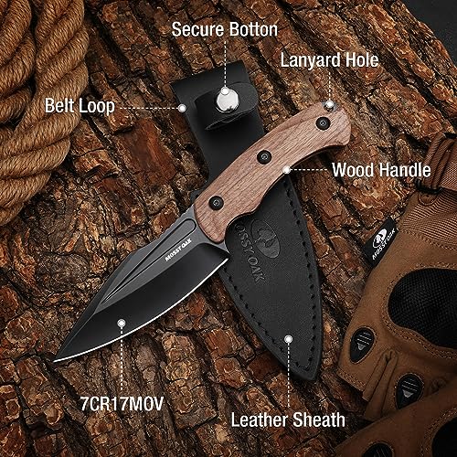 Mossy Oak Full-tang Fixed Blade Knife with Sheath, Stainless Steel Blade, Outdoor Knives for Survival, Camping, Hiking (Wood Handle)