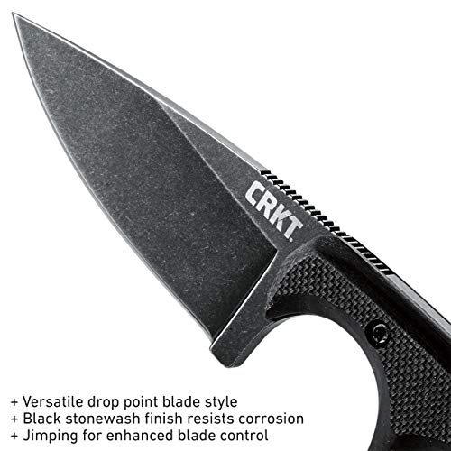 CRKT Compact Fixed Blade Knife: Minimalist Black Drop Point Neck Knife, Folts Utility Knife with Stonewashed Blade, G10 Handle and Nylon Sheath 2384K