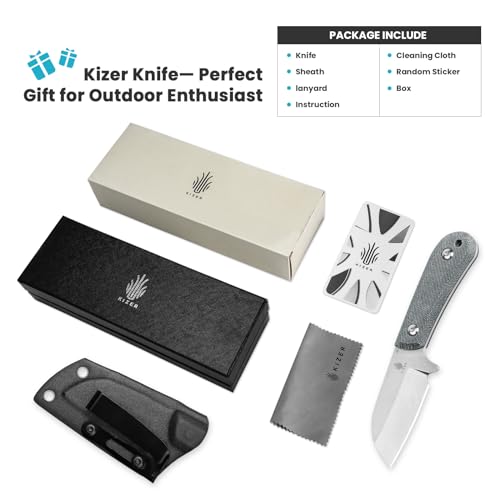 Kizer Fixed Blade Hunting Knife - D2 Blade, G10/Micarta Handle, Outdoor/Camping/Survival Knife with Sheath - Lightweight EDC Fixed Blade for Men & Women Outdoor Enthusiasts-1062A1