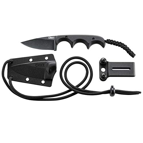 CRKT Compact Fixed Blade Knife: Minimalist Black Drop Point Neck Knife, Folts Utility Knife with Stonewashed Blade, G10 Handle and Nylon Sheath 2384K