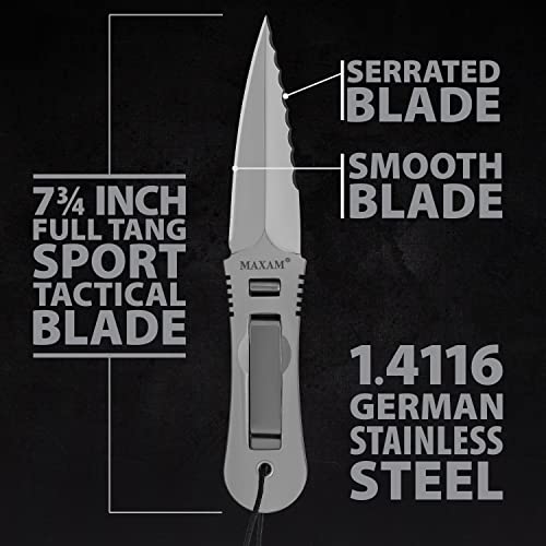 Maxam Tactical Knives - Concealable Fixed Blade Knife with Sheath - Full Tang Blade with Serrated & Smooth Edges - 7.5-Inch