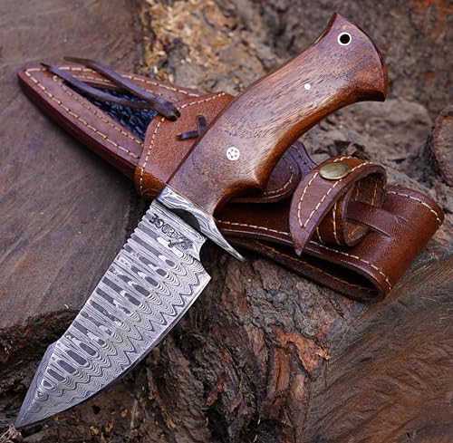 Damascus hunting knife fixed blade - 10 Inches Handmade Knife with Sheath - Perfect Camping, Outdoor & Skinning Knives - 1080 & 12C27 Damascus Steel Knife with Leather Sheath - Hunting Knives for Men (Walnut Rose Wood)