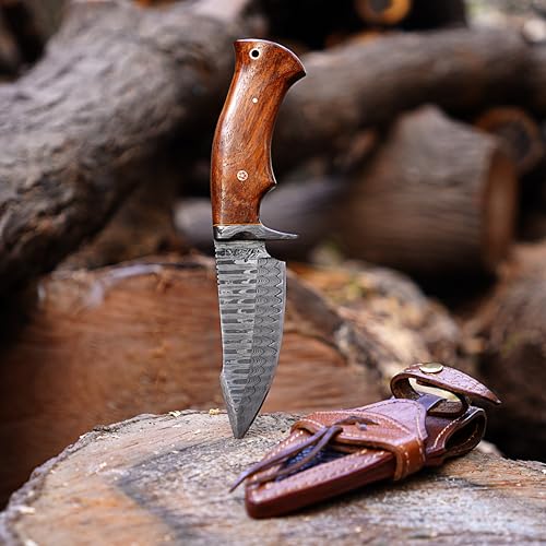 Damascus hunting knife fixed blade - 10 Inches Handmade Knife with Sheath - Perfect Camping, Outdoor & Skinning Knives - 1080 & 12C27 Damascus Steel Knife with Leather Sheath - Hunting Knives for Men (Walnut Rose Wood)