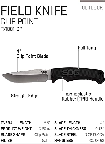 SOG Survival Knife with Sheath - Field Knife Fixed Blade Knives 4 Inch Tactical Knife and Bushcraft Knife w/Full Tang Hunting Knife Blade (FK1001-CP)