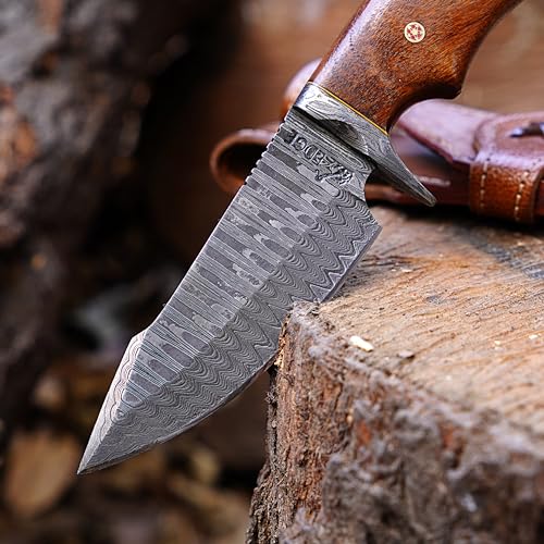 Damascus hunting knife fixed blade - 10 Inches Handmade Knife with Sheath - Perfect Camping, Outdoor & Skinning Knives - 1080 & 12C27 Damascus Steel Knife with Leather Sheath - Hunting Knives for Men (Walnut Rose Wood)