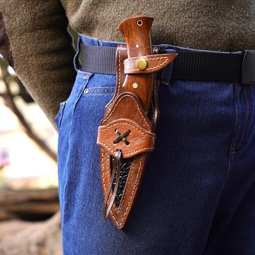 Damascus hunting knife fixed blade - 10 Inches Handmade Knife with Sheath - Perfect Camping, Outdoor & Skinning Knives - 1080 & 12C27 Damascus Steel Knife with Leather Sheath - Hunting Knives for Men (Walnut Rose Wood)