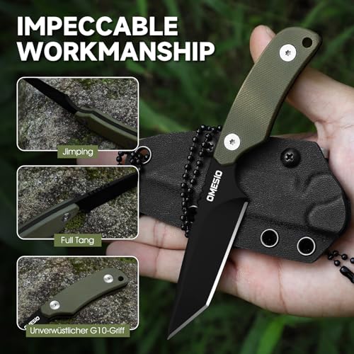 Omesio Tanto Neck Knife, Small Fixed Blade Knife with Kydex Sheath and Clip, Full Tang 6" Neck Knife with Sheath and Necklace, Mini Tactical EDC Knife D2 Steel G10 Handle(Black Steel+ Green Handle)