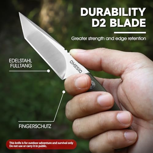 Omesio Tanto Neck Knife, Small Fixed Blade Knife with Kydex Sheath and Clip, Full Tang 6" Neck Knife with Sheath and Necklace, Mini Tactical EDC Knife D2 Steel G10 Handle(Black Steel+ Green Handle)