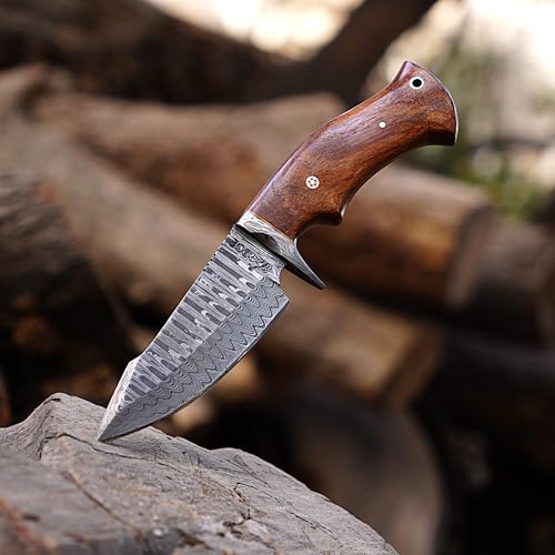 Damascus hunting knife fixed blade - 10 Inches Handmade Knife with Sheath - Perfect Camping, Outdoor & Skinning Knives - 1080 & 12C27 Damascus Steel Knife with Leather Sheath - Hunting Knives for Men (Walnut Rose Wood)