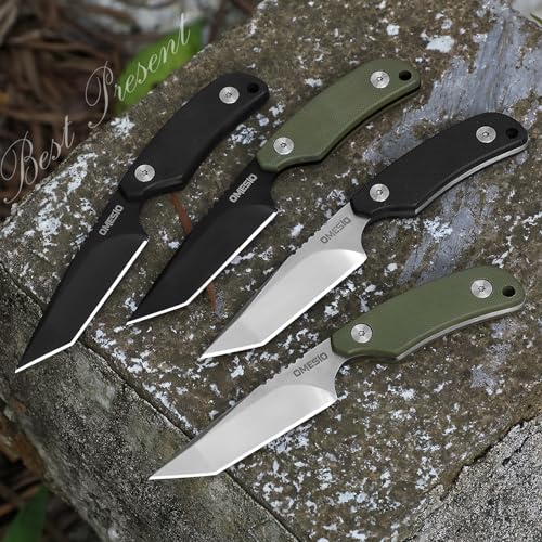 Omesio Tanto Neck Knife, Small Fixed Blade Knife with Kydex Sheath and Clip, Full Tang 6" Neck Knife with Sheath and Necklace, Mini Tactical EDC Knife D2 Steel G10 Handle(Black Steel+ Green Handle)