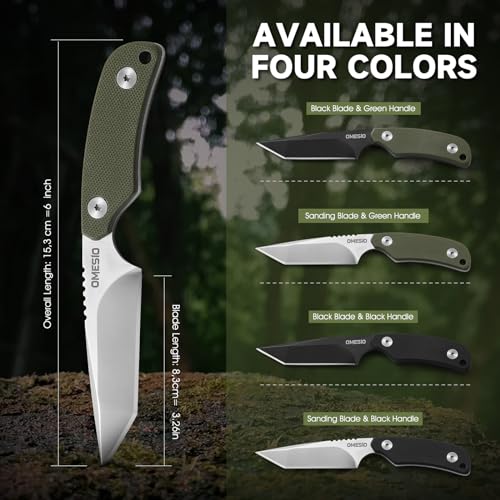 Omesio Tanto Neck Knife, Small Fixed Blade Knife with Kydex Sheath and Clip, Full Tang 6" Neck Knife with Sheath and Necklace, Mini Tactical EDC Knife D2 Steel G10 Handle(Black Steel+ Green Handle)