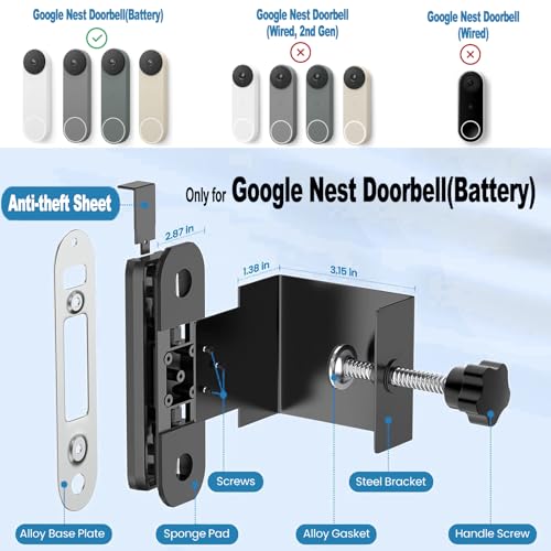 Anti-Theft Adjustable Mount for Google Nest Doorbell (Battery), No Drill Mount for Google Doorbell Camera, Adjustable (45° Left and Right) Angle, Doorbell Mount for Apartment Home Renters