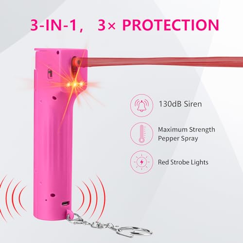 3-in-1 Pepper Spray Self Defence Personal Alarm Set for Women, Max Strength Pepper Gel & 130 dB Safety Alarms & Strobe Lights, Quick Release, 3X Protection, Canister Replaceable, Gifts for Girls