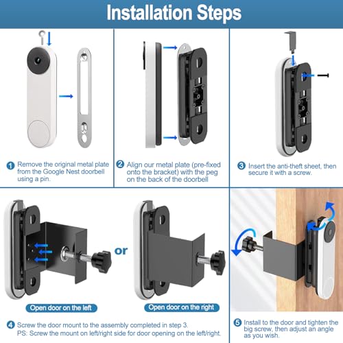 Anti-Theft Adjustable Mount for Google Nest Doorbell (Battery), No Drill Mount for Google Doorbell Camera, Adjustable (45° Left and Right) Angle, Doorbell Mount for Apartment Home Renters