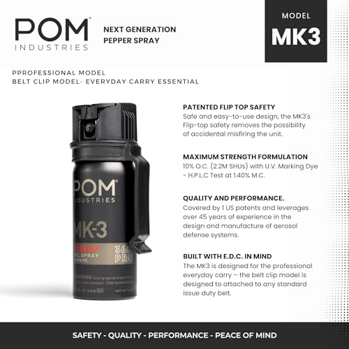 POM MK3 Pepper Spray, Belt Clip Model - Maximum Strength, Flip Top Safety 360° Performance, 18-20-Foot Range, Powerful, Accurate Stream