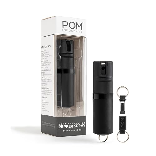 POM Pepper Spray Black Flip Top Keychain - Maximum Strength OC Spray Self Defense - Tactical Compact & Safe Design - Quick Key Release - 25 Bursts & 10 ft Range - Accurate Stream Pattern