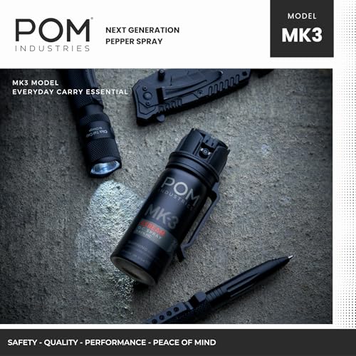 POM MK3 Pepper Spray, Belt Clip Model - Maximum Strength, Flip Top Safety 360° Performance, 18-20-Foot Range, Powerful, Accurate Stream