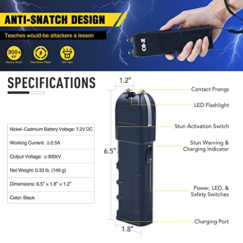 DARTMOOR 300,000V Stun Gun Ultrapowerful Rechargeable Phone Size for Men Women with Side Shock Plates for Car & Self Defense Tactical Flashlight Custom Holster and Lanyard, 2 Packs