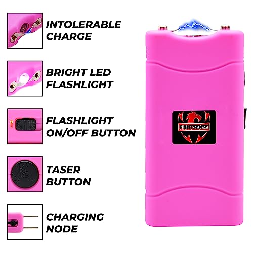 FIGHTSENSE Super Heavy Duty 35 Billion Mini Stun Gun for Self Defense with Bright Led Flashlight, Rechargeable Battery, Nylon Holsters with Belt Loop for Easy Cary (Pink)