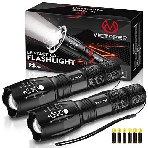 Victoper LED Flashlight 2 Pack, Bright 2000 Lumens Tactical Flashlights High Lumens with 5 Modes, Waterproof Zoomable Flash Light for Outdoor, Gifts for Father's Day Camping Essentials Camper Gear
