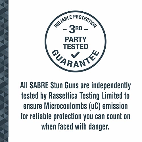 SABRE Stun Gun with Flashlight and Belt Holster, Emits 1.60 Powerful Pain Inducing Microcoulombs (µC) Charge, 120 Lumen LED Flashlight, Rubberized Grip, Compact Design, Rechargeable