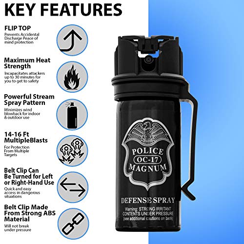POLICE MAGNUM Pepper Spray Self Defense- 16ft Range- Portable Law Enforcement Unit - Made in The USA - 1 Pack 2oz Flip Top (Belt Clip Stream)