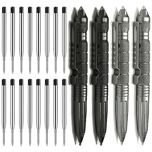 Origin-Joy 4 Pack Tungsten Steel Military Tactical Pen Set, Multifunctional EDC Self Defense Pen With 16 Ballpoint Refills (Black & Gray)