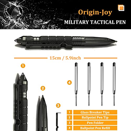 Origin-Joy 4 Pack Tungsten Steel Military Tactical Pen Set, Multifunctional EDC Self Defense Pen With 16 Ballpoint Refills (Black & Gray)