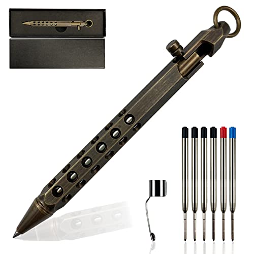 YUEZUDPO Bolt Action Pen, Solid Brass edc Pen Six-edge Pocket Metal Tactical Pen with Refills and Clip Signature Pen for Business, Christmas, Birthday (Black)